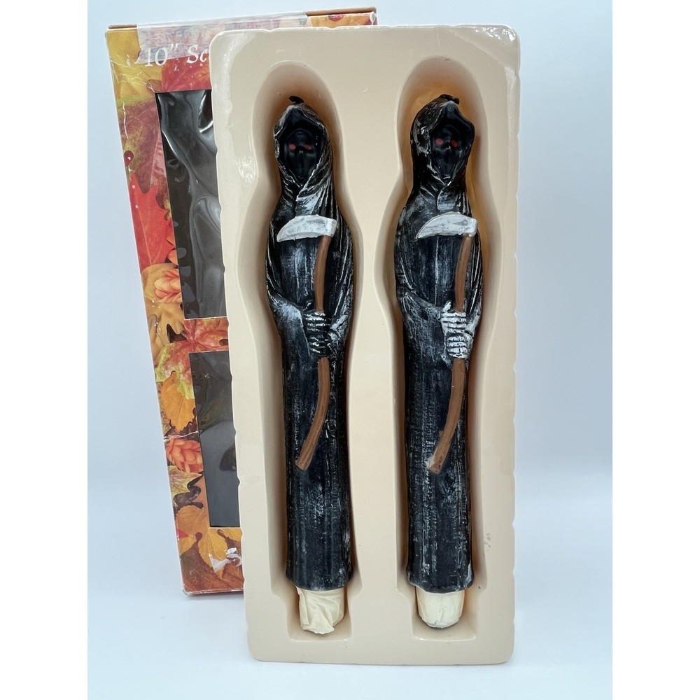 Vintage Robert Alan Halloween Grim Reaper Sculptured Taper Candles 10" Set 2
